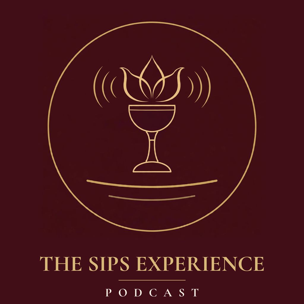 The SIPS Experience Podcast: official cover art: a gold chalice with a lotus flame and sound waves on deep burgundy