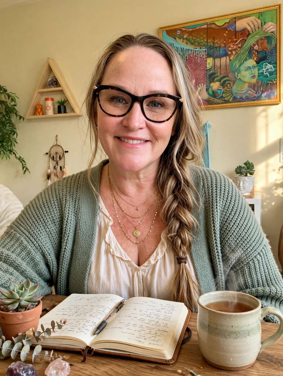 Cylla Kavanaugh: intimacy coach and sex educator, at her desk with her journal